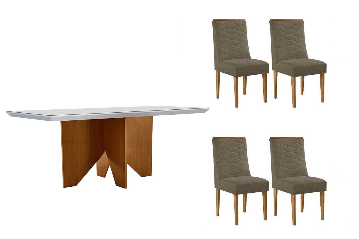 Sala Jantar Mesa Nevada c/ Tampo Madeirado c/ Vidro Canto Curvo 120x80cm e 4 Cadeiras Maldivas - Rufato