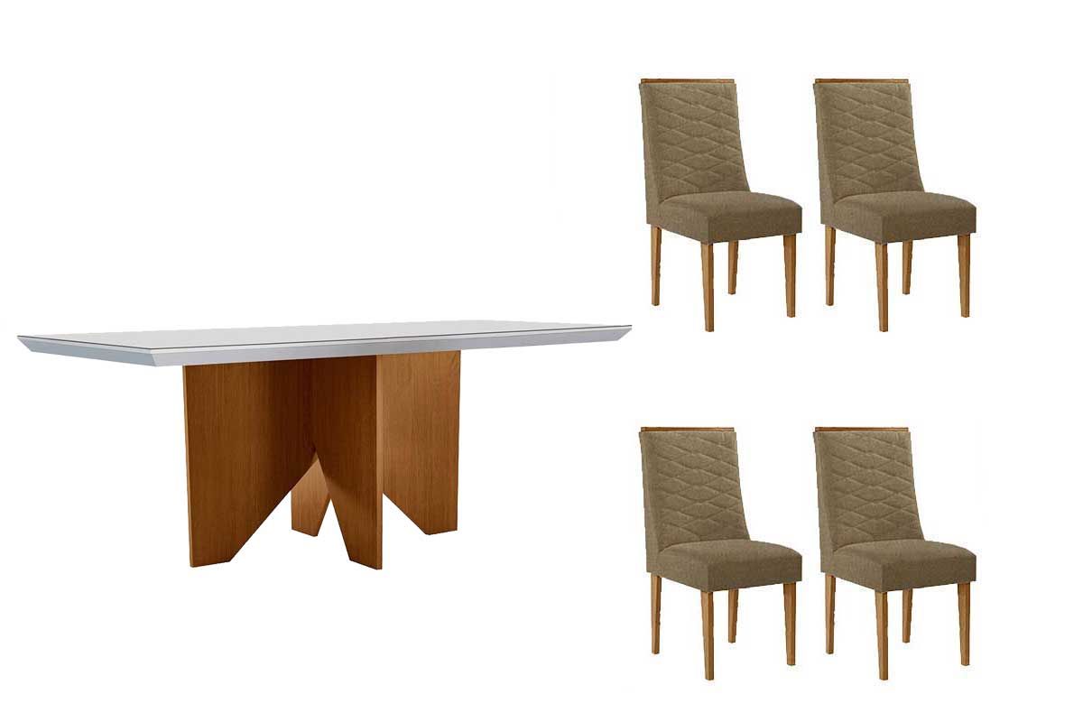 Sala Jantar Mesa Nevada c/ Tampo Madeirado c/ Vidro Canto Curvo 120x80cm e 4 Cadeiras Maldivas - Rufato
