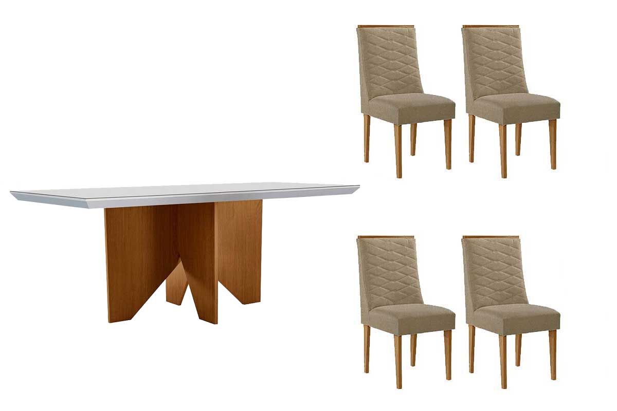 Sala Jantar Mesa Nevada c/ Tampo Madeirado c/ Vidro Canto Curvo 120x80cm e 4 Cadeiras Maldivas - Rufato