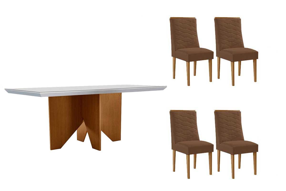 Sala Jantar Mesa Nevada c/ Tampo Madeirado c/ Vidro Canto Curvo 120x80cm e 4 Cadeiras Maldivas - Rufato