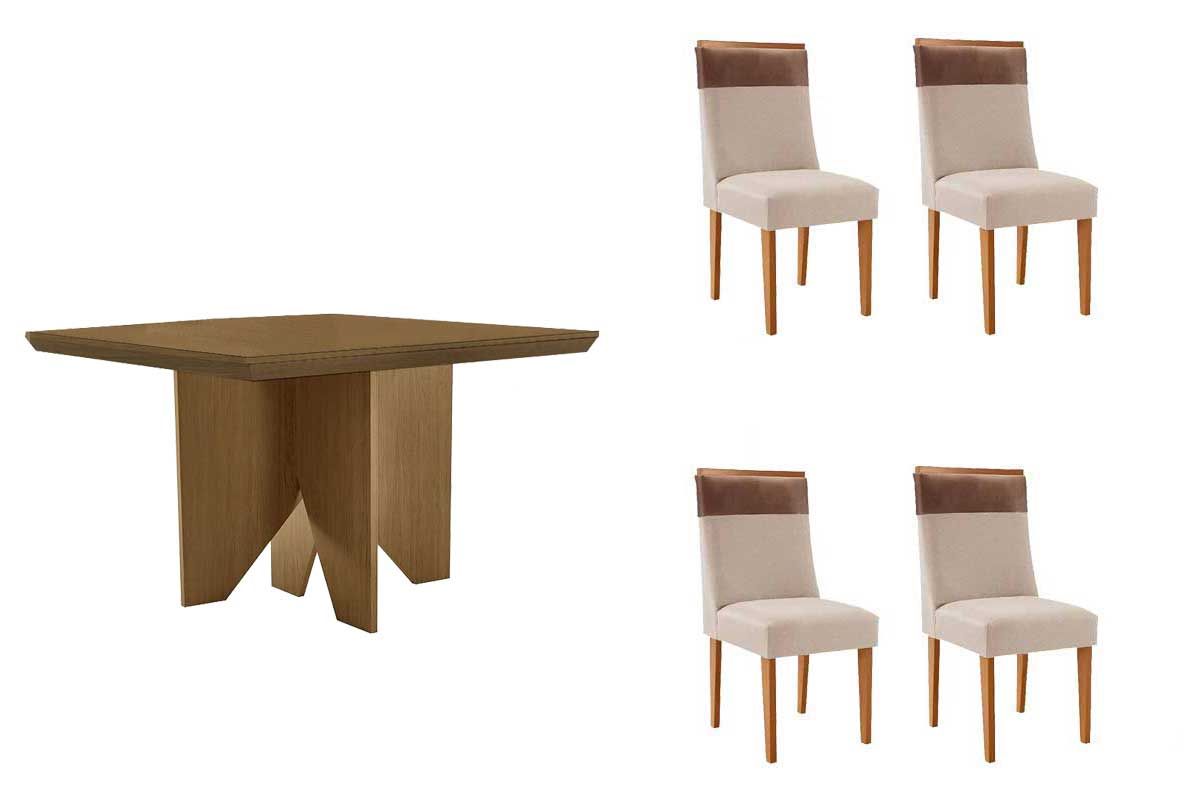 Sala Jantar Mesa Nevada c/ Tampo Madeirado Canto Curvo 90x90cm e 4 Cadeiras Jaspe - Rufato