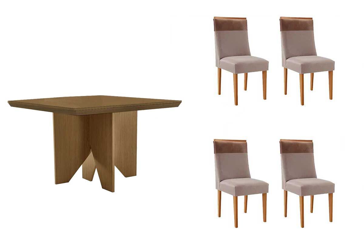 Sala Jantar Mesa Nevada c/ Tampo Madeirado Canto Curvo 90x90cm e 4 Cadeiras Jaspe - Rufato