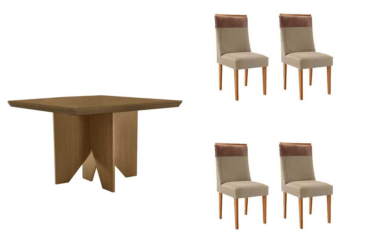 Sala Jantar Mesa Nevada c/ Tampo Madeirado Canto Curvo 90x90cm e 4 Cadeiras Jaspe - Rufato