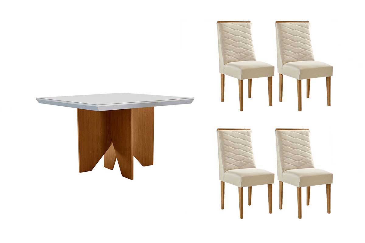 Sala Jantar Mesa Nevada c/ Tampo Madeirado c/ Vidro Canto Curvo 90x90cm e 4 Cadeiras Maldivas - Rufato