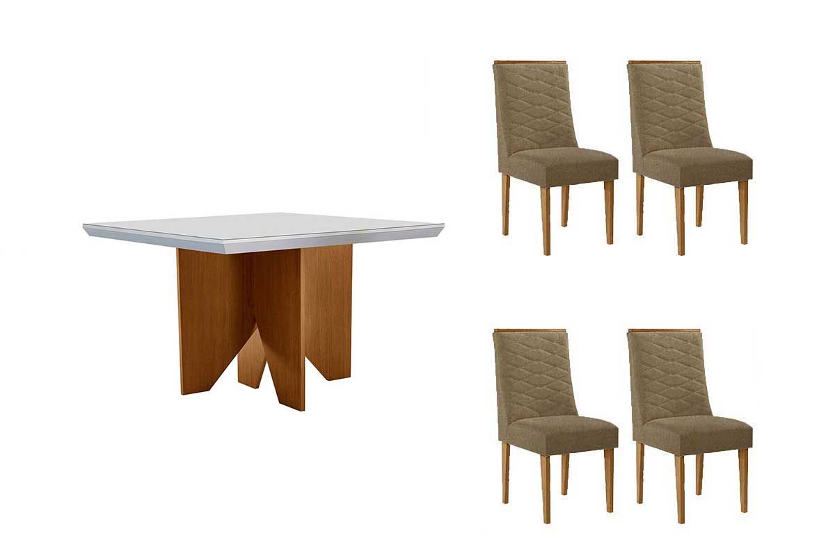 Sala Jantar Mesa Nevada c/ Tampo Madeirado c/ Vidro Canto Curvo 90x90cm e 4 Cadeiras Maldivas - Rufato
