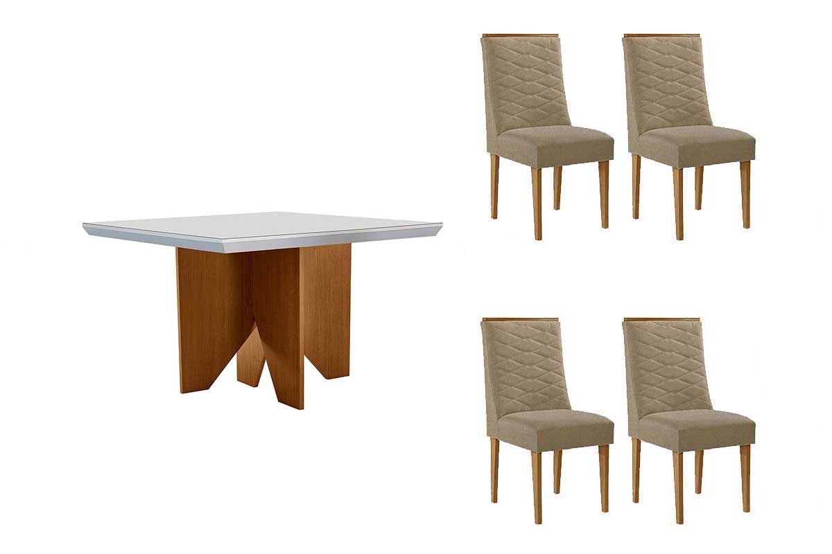 Sala Jantar Mesa Nevada c/ Tampo Madeirado c/ Vidro Canto Curvo 90x90cm e 4 Cadeiras Maldivas - Rufato
