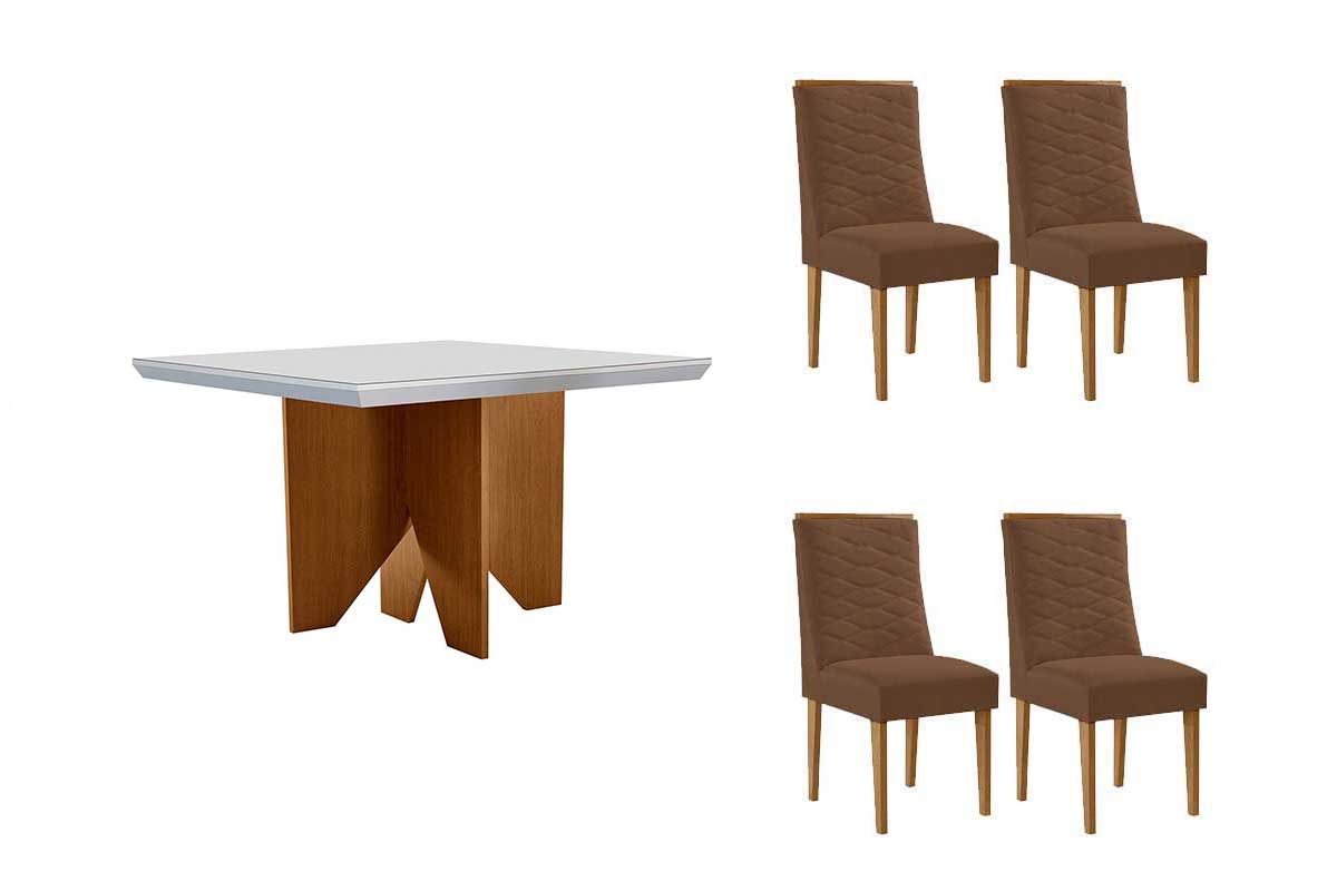 Sala Jantar Mesa Nevada c/ Tampo Madeirado c/ Vidro Canto Curvo 90x90cm e 4 Cadeiras Maldivas - Rufato
