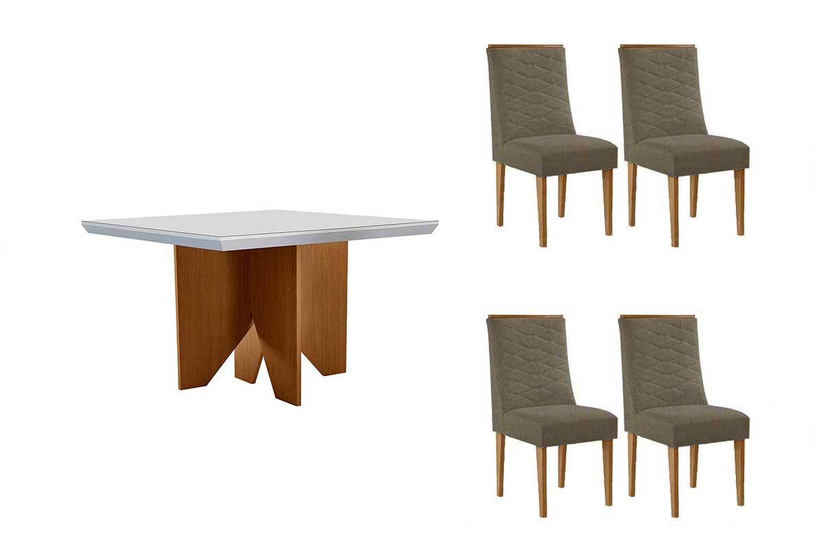 Sala Jantar Mesa Nevada c/ Tampo Madeirado c/ Vidro Canto Curvo 90x90cm e 4 Cadeiras Maldivas - Rufato