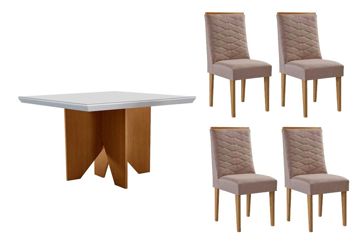 Sala Jantar Mesa Nevada c/ Tampo Madeirado c/ Vidro Canto Curvo 90x90cm e 4 Cadeiras Maldivas - Rufato