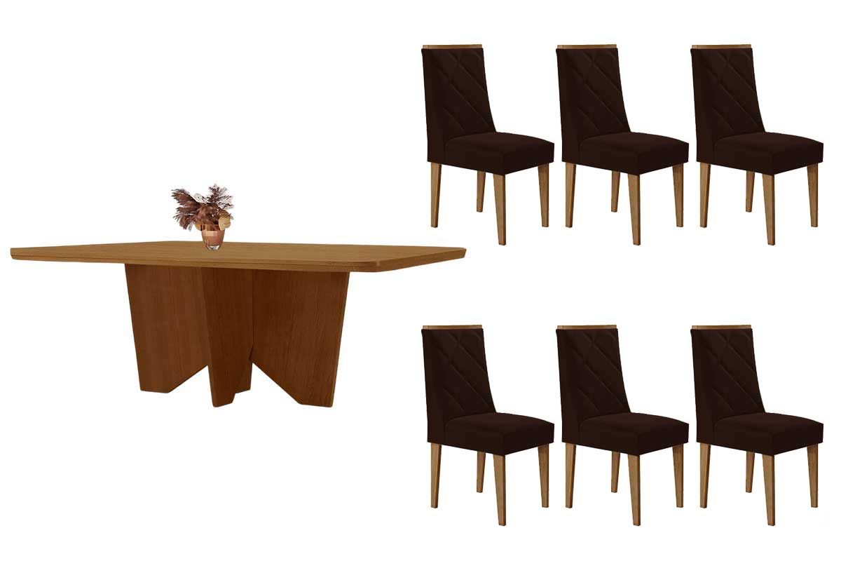 Sala Jantar Mesa Nevada c/ Tampo Madeirado Canto Curvo 180x90cm e 6 Cadeiras Pietá - Rufato