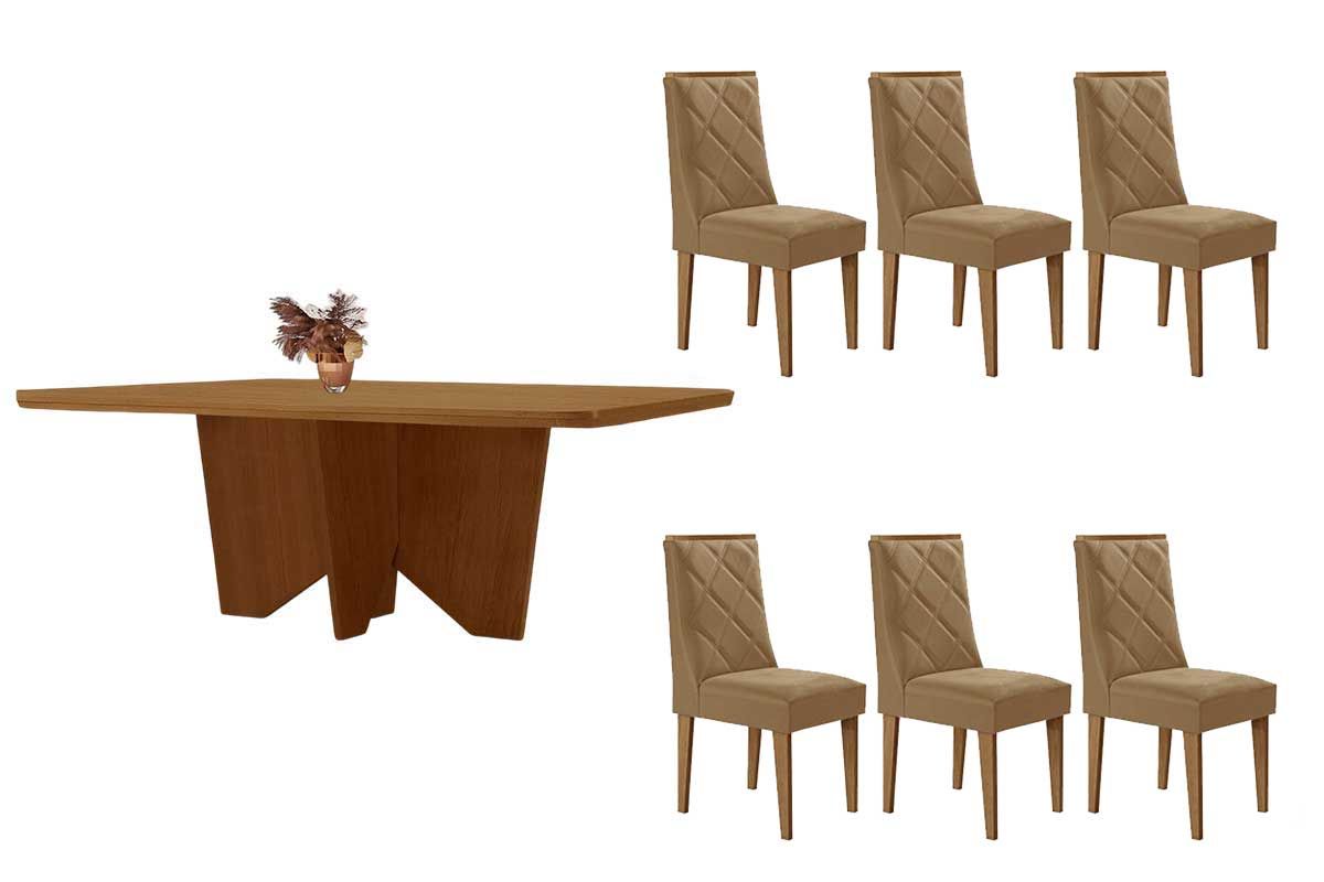 Sala Jantar Mesa Nevada c/ Tampo Madeirado Canto Curvo 180x90cm e 6 Cadeiras Pietá - Rufato