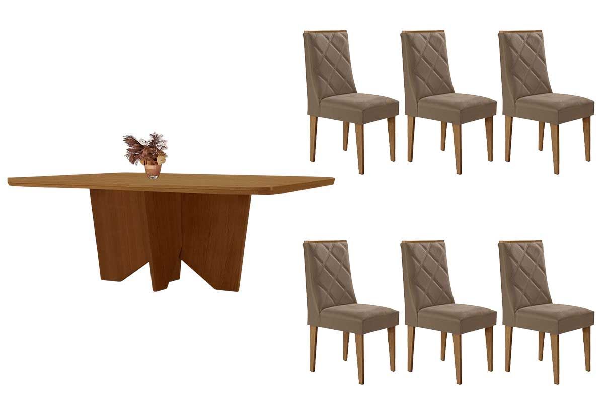 Sala Jantar Mesa Nevada c/ Tampo Madeirado Canto Curvo 180x90cm e 6 Cadeiras Pietá - Rufato
