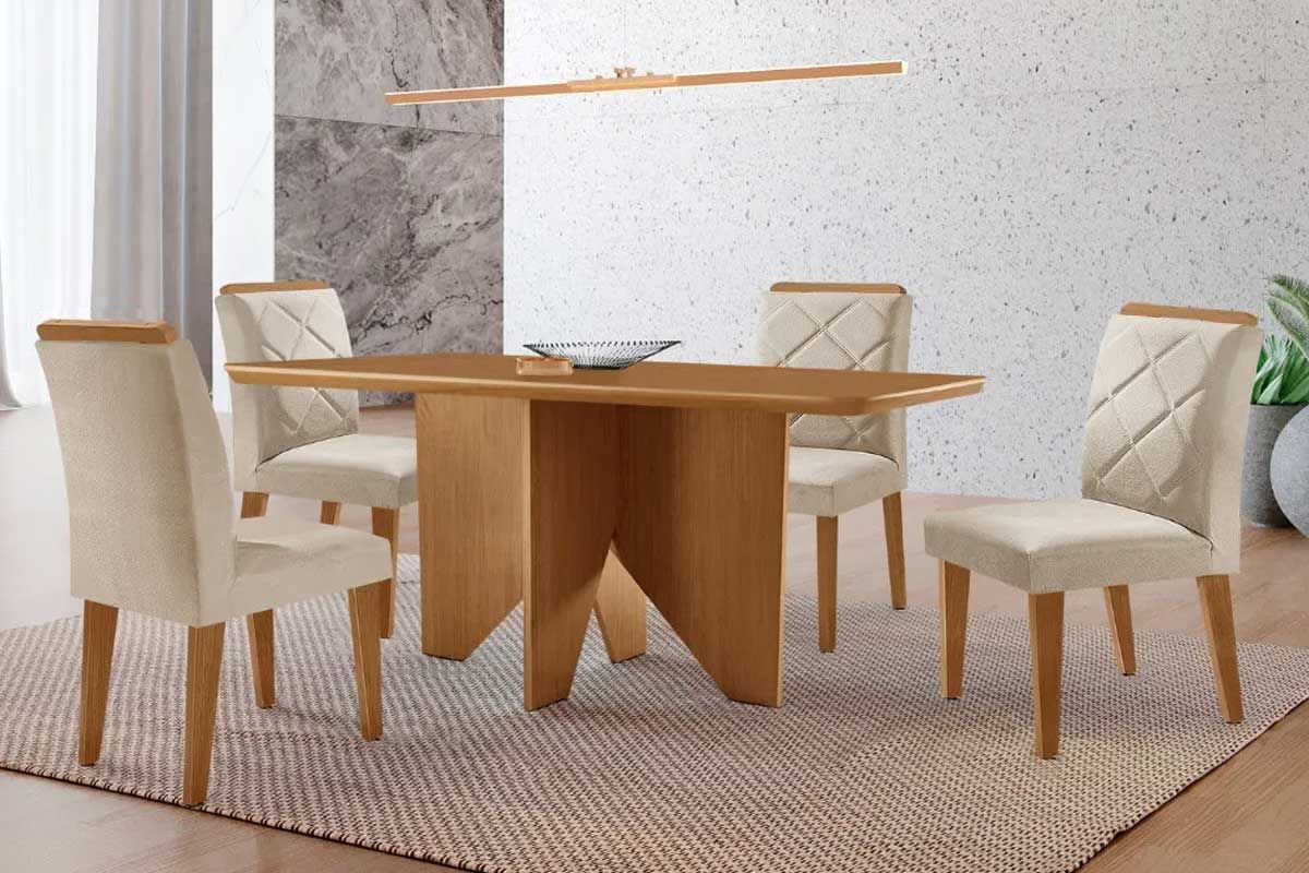 Sala Jantar Mesa Nevada c/ Tampo Madeirado Canto Curvo 120x80cm e 4 Cadeiras Pietá - Rufato