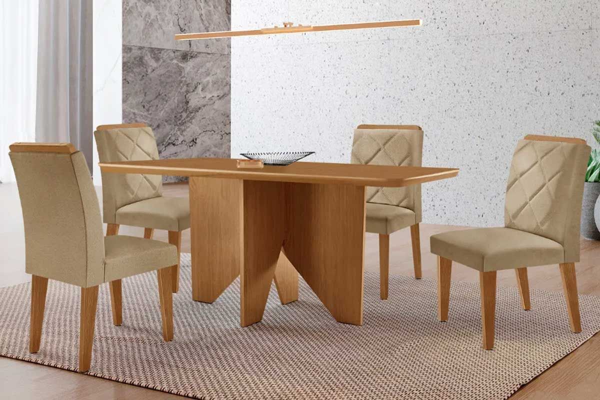 Sala Jantar Mesa Nevada c/ Tampo Madeirado Canto Curvo 120x80cm e 4 Cadeiras Pietá - Rufato