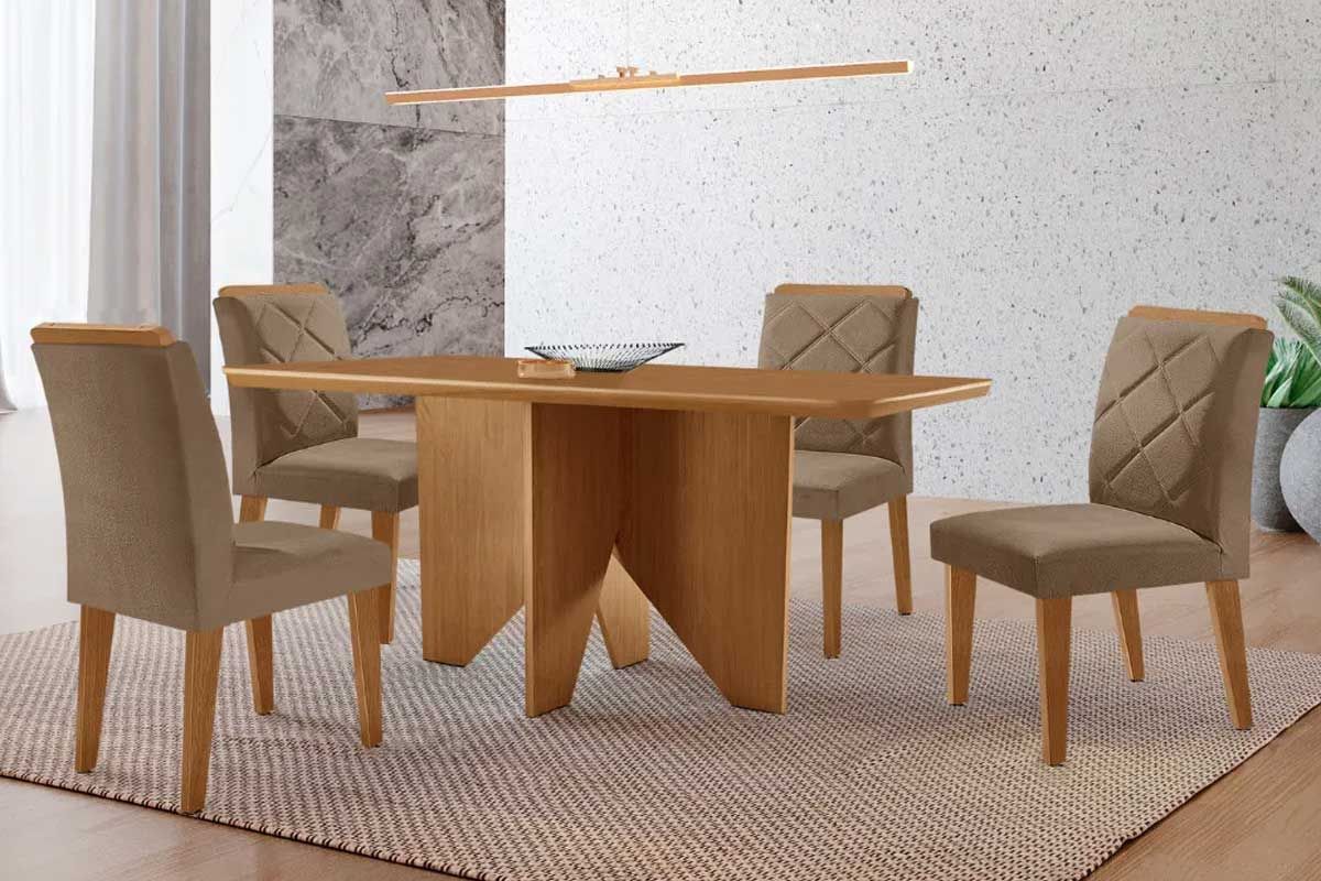Sala Jantar Mesa Nevada c/ Tampo Madeirado Canto Curvo 120x80cm e 4 Cadeiras Pietá - Rufato