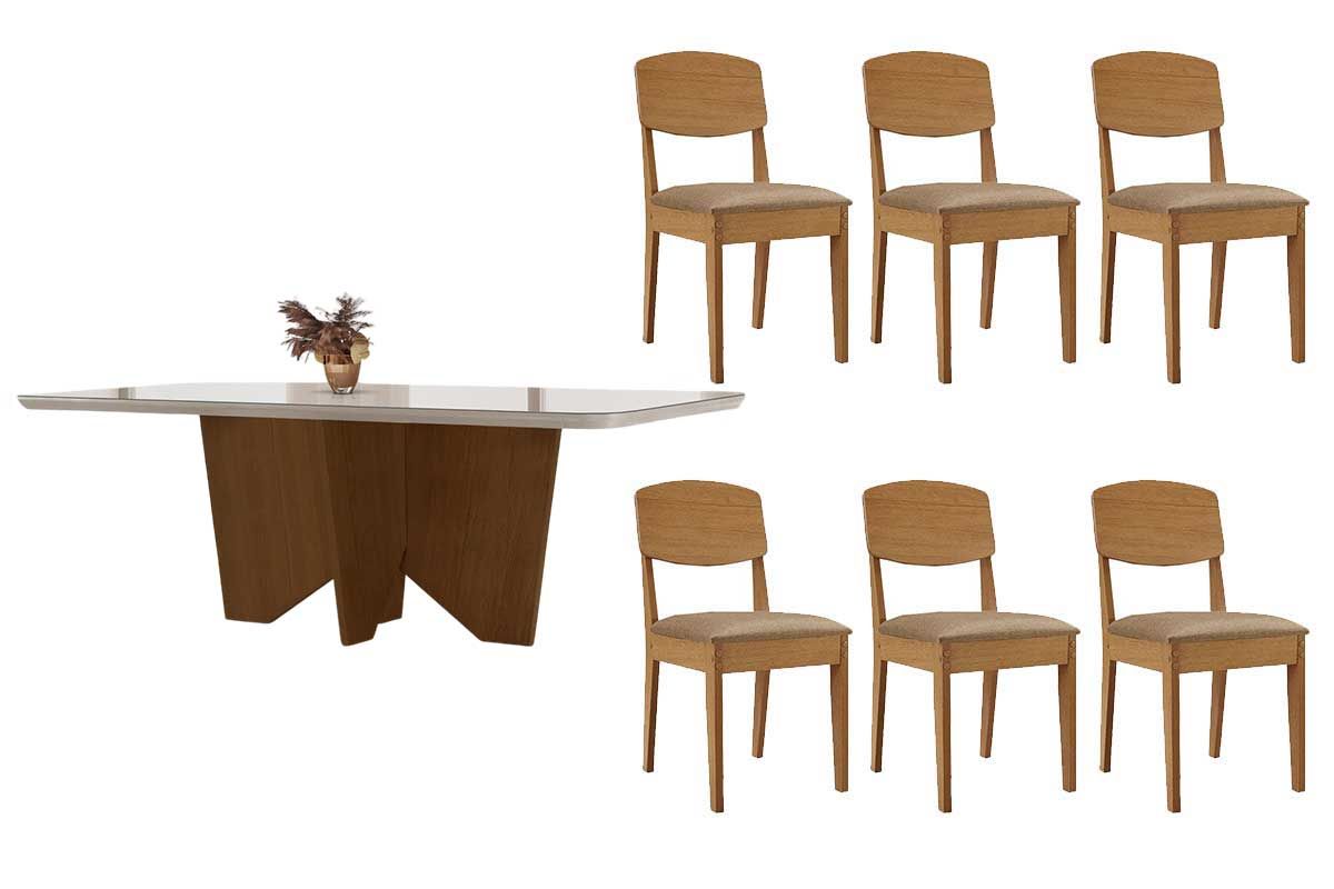 Sala Jantar Mesa Nevada c/ Tampo Madeirado c/ Vidro Canto Curvo 180x90cm e 6 Cadeiras Havana - Rufato