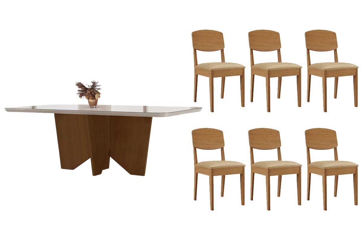 Sala Jantar Mesa Nevada c/ Tampo Madeirado c/ Vidro Canto Curvo 180x90cm e 6 Cadeiras Havana - Rufato