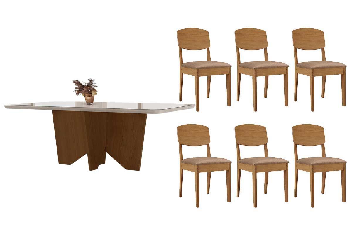 Sala Jantar Mesa Nevada c/ Tampo Madeirado c/ Vidro Canto Curvo 180x90cm e 6 Cadeiras Havana - Rufato