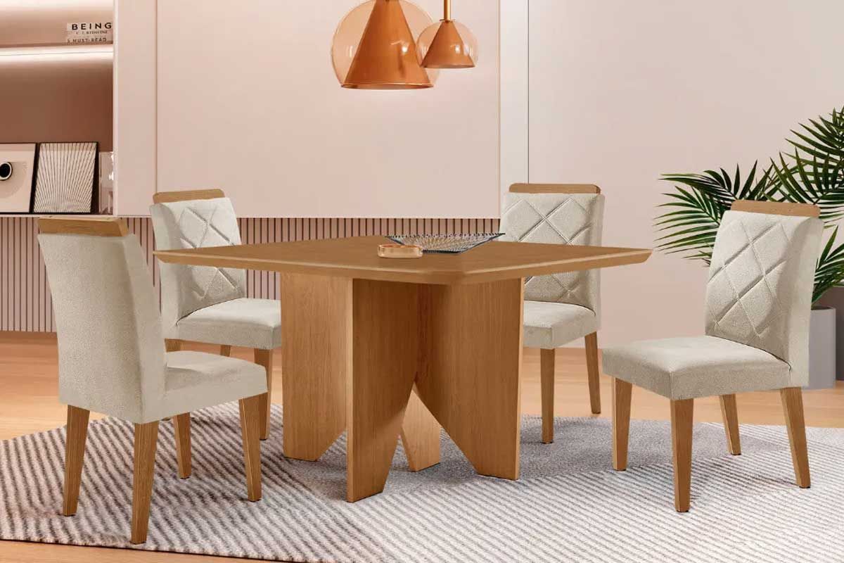 Sala Jantar Mesa Nevada c/ Tampo Madeirado Canto Curvo 90x90cm e 4 Cadeiras Pietá - Rufato