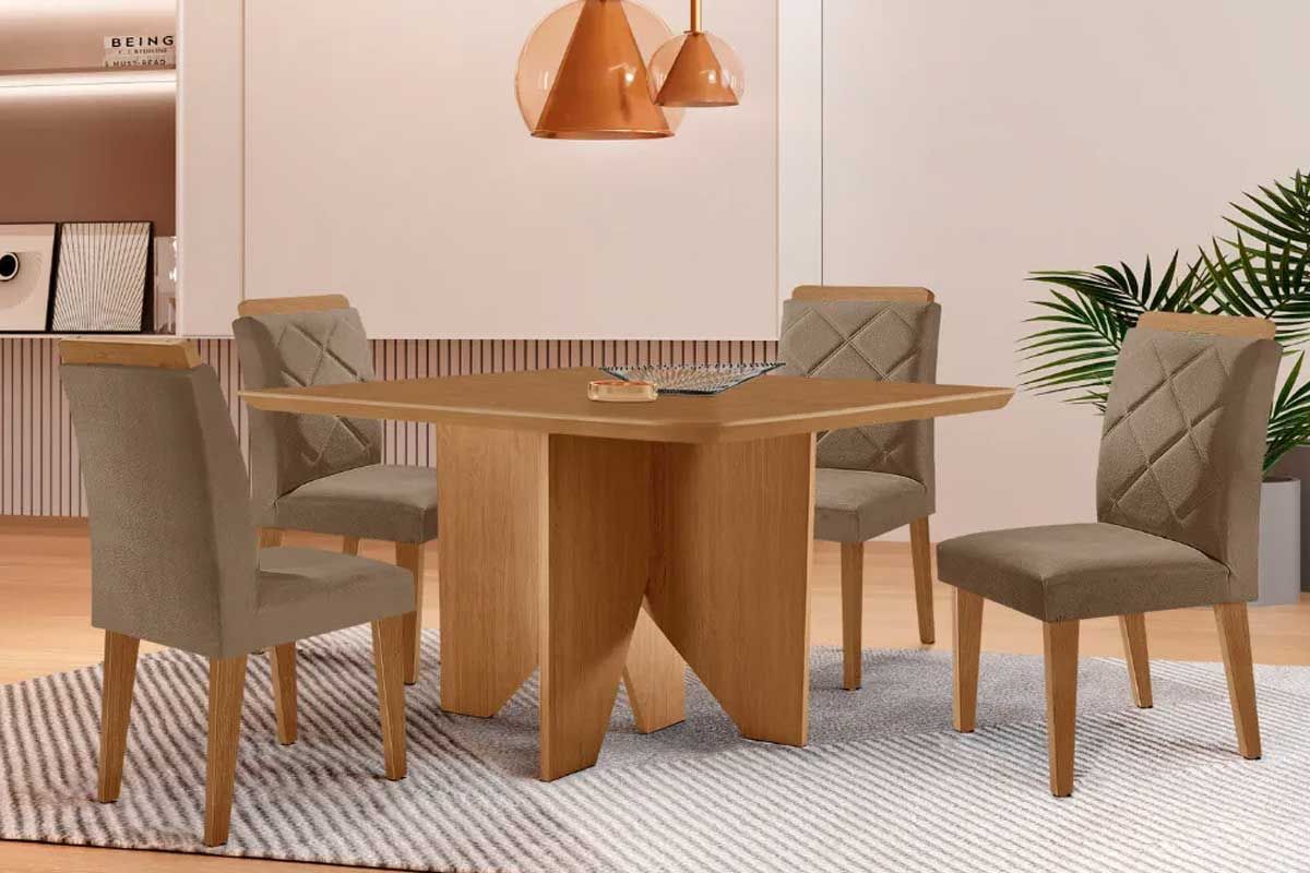 Sala Jantar Mesa Nevada c/ Tampo Madeirado Canto Curvo 90x90cm e 4 Cadeiras Pietá - Rufato