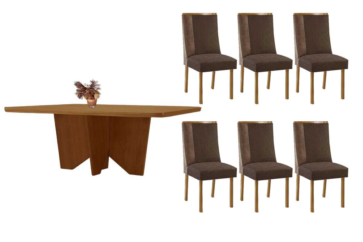 Sala Jantar Mesa Nevada c/ Tampo Madeirado Canto Curvo 180x90cm e 6 Cadeiras Tilia - Rufato