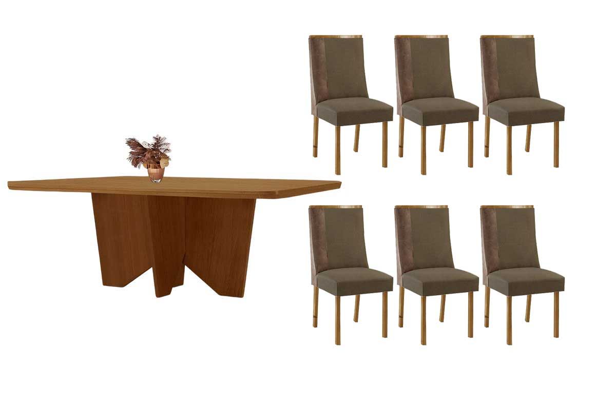 Sala Jantar Mesa Nevada c/ Tampo Madeirado Canto Curvo 180x90cm e 6 Cadeiras Tilia - Rufato