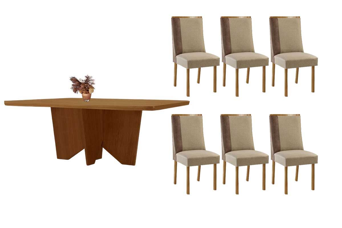 Sala Jantar Mesa Nevada c/ Tampo Madeirado Canto Curvo 180x90cm e 6 Cadeiras Tilia - Rufato