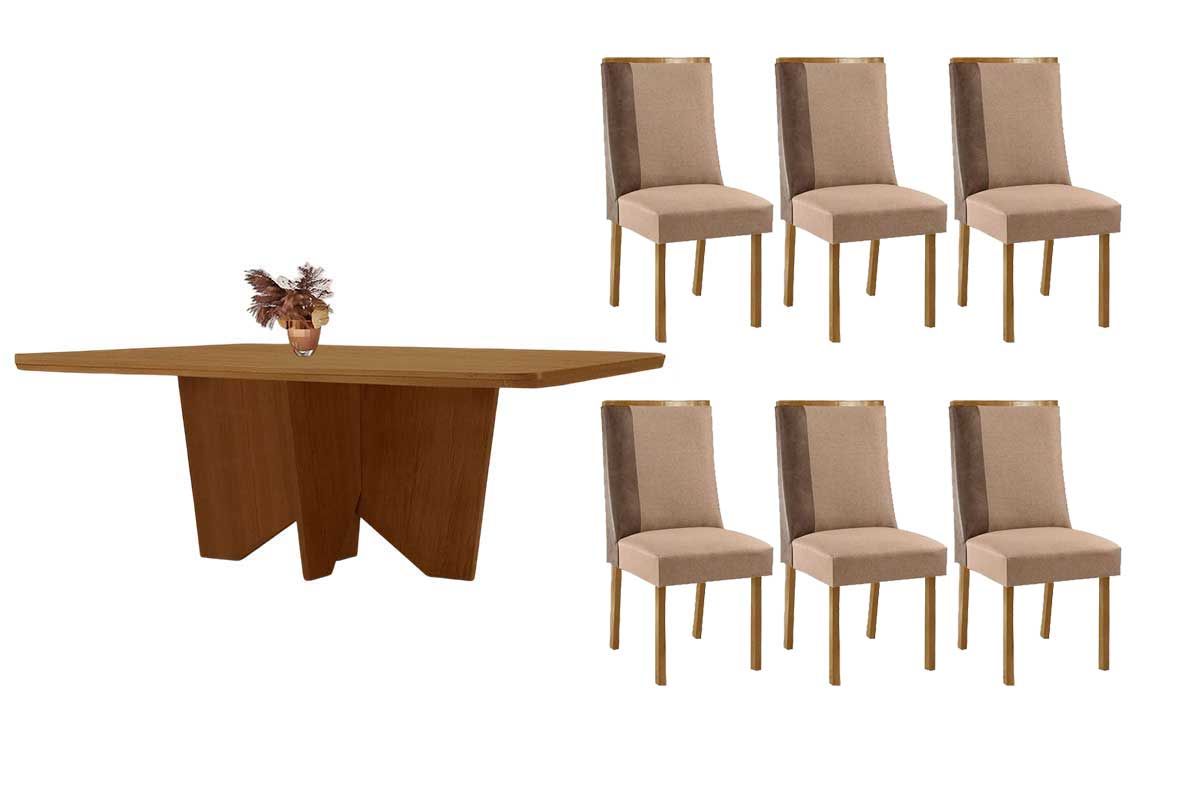 Sala Jantar Mesa Nevada c/ Tampo Madeirado Canto Curvo 180x90cm e 6 Cadeiras Tilia - Rufato