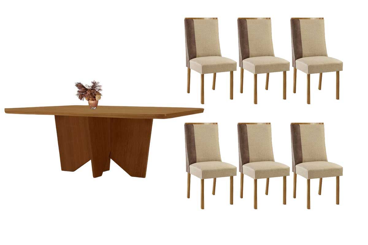 Sala Jantar Mesa Nevada c/ Tampo Madeirado Canto Curvo 180x90cm e 6 Cadeiras Tilia - Rufato