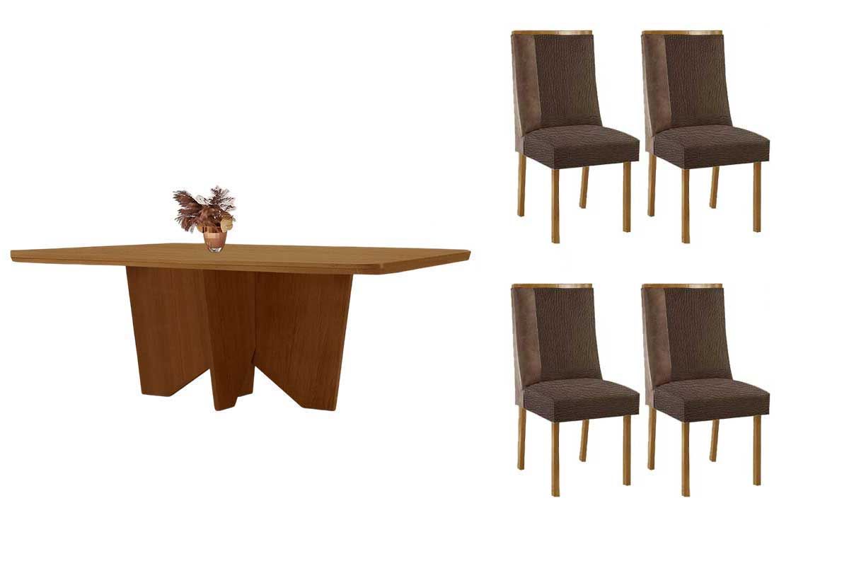 Sala Jantar Mesa Nevada c/ Tampo Madeirado Canto Curvo 120x80cm e 4 Cadeiras Tilia - Rufato
