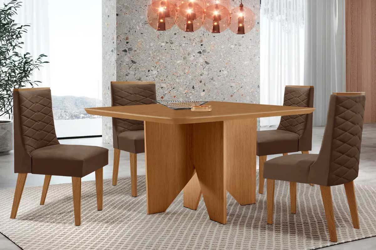 Sala Jantar Mesa Nevada c/ Tampo Madeirado Canto Curvo 90x90cm e 4 Cadeiras Dafne - Rufato