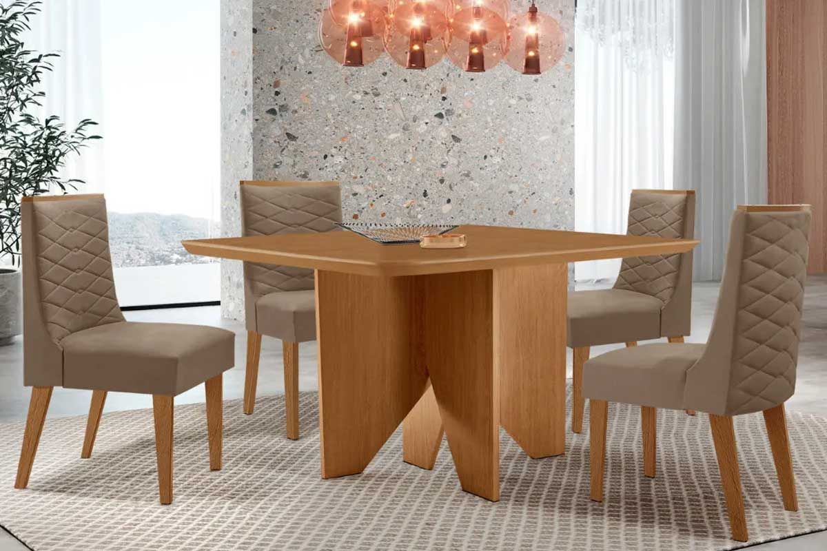 Sala Jantar Mesa Nevada c/ Tampo Madeirado Canto Curvo 90x90cm e 4 Cadeiras Dafne - Rufato
