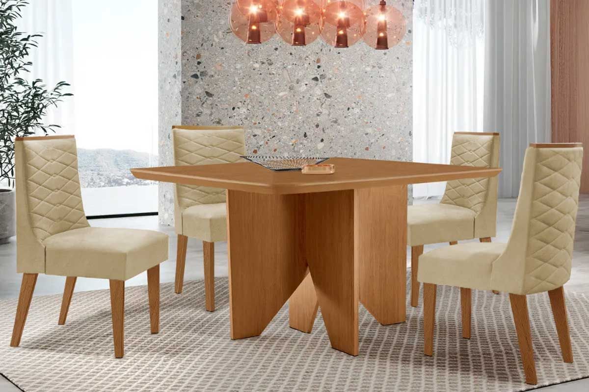 Sala Jantar Mesa Nevada c/ Tampo Madeirado Canto Curvo 90x90cm e 4 Cadeiras Dafne - Rufato