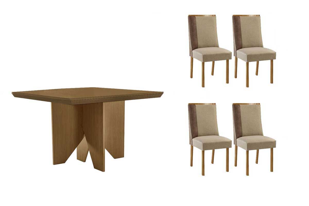 Sala Jantar Mesa Nevada c/ Tampo Madeirado Canto Curvo 90x90cm e 4 Cadeiras Tilia - Rufato
