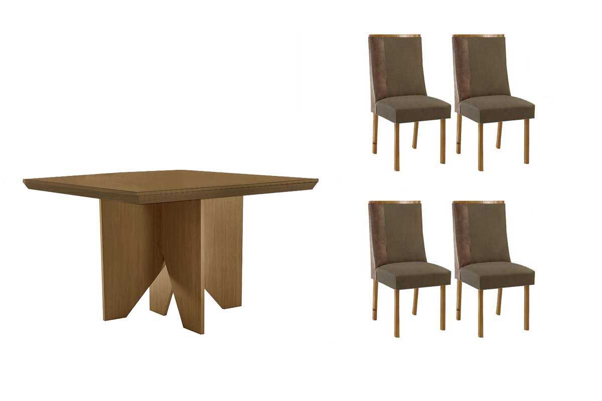 Sala Jantar Mesa Nevada c/ Tampo Madeirado Canto Curvo 90x90cm e 4 Cadeiras Tilia - Rufato