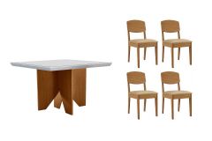 Sala Jantar Mesa Nevada c/ Tampo Madeirado c/ Vidro Canto Curvo 90x90cm e 4 Cadeiras Havana - Rufato