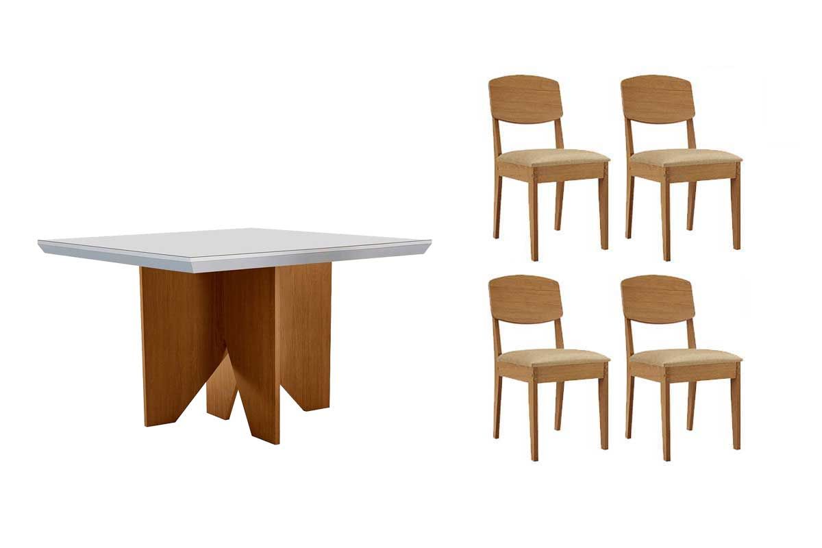 Sala Jantar Mesa Nevada c/ Tampo Madeirado c/ Vidro Canto Curvo 90x90cm e 4 Cadeiras Havana - Rufato