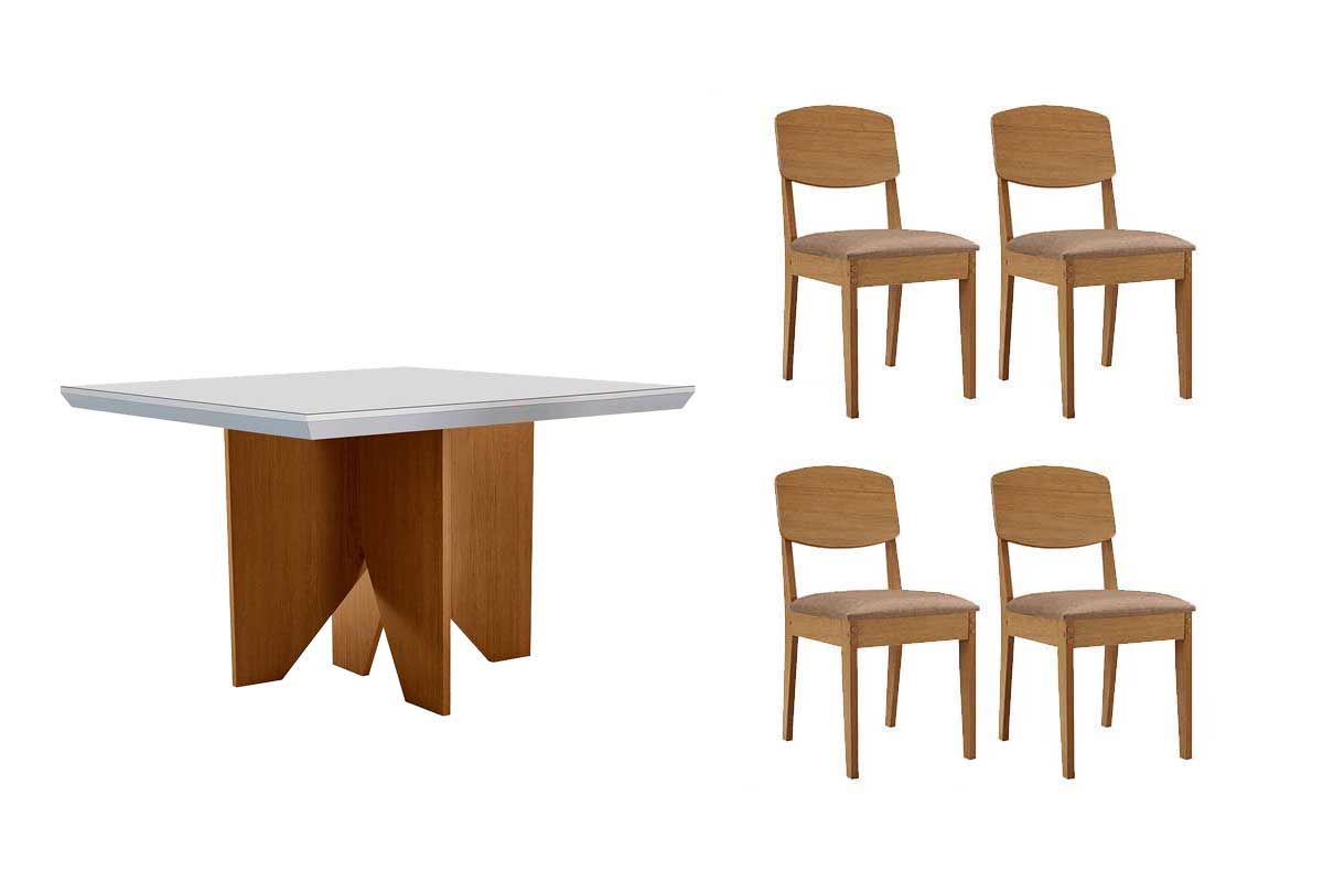 Sala Jantar Mesa Nevada c/ Tampo Madeirado c/ Vidro Canto Curvo 90x90cm e 4 Cadeiras Havana - Rufato