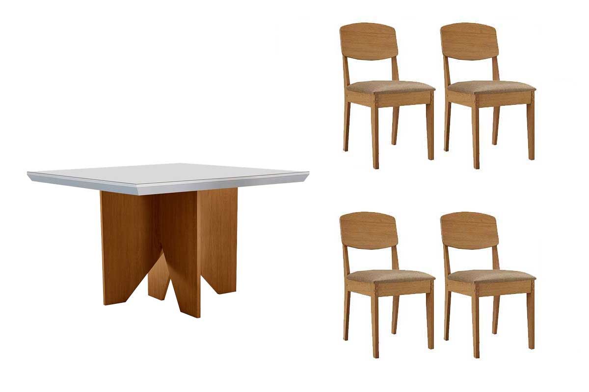 Sala Jantar Mesa Nevada c/ Tampo Madeirado c/ Vidro Canto Curvo 90x90cm e 4 Cadeiras Havana - Rufato
