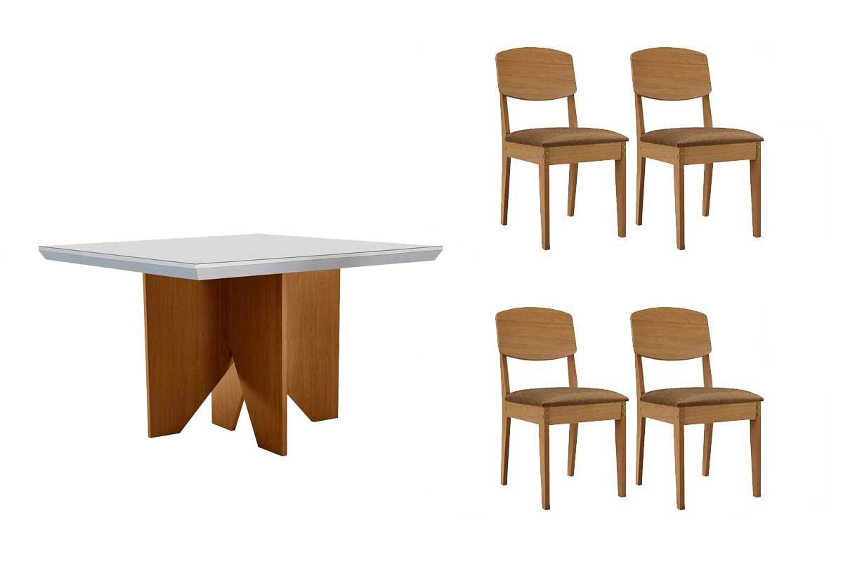 Sala Jantar Mesa Nevada c/ Tampo Madeirado c/ Vidro Canto Curvo 90x90cm e 4 Cadeiras Havana - Rufato