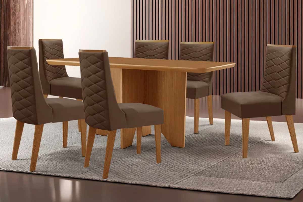 Sala Jantar Mesa Nevada c/ Tampo Madeirado Canto Curvo 180x90cm e 6 Cadeiras Dafne - Rufato