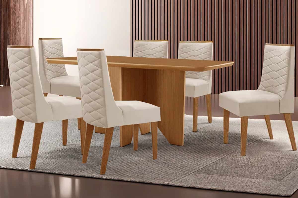 Sala Jantar Mesa Nevada c/ Tampo Madeirado Canto Curvo 180x90cm e 6 Cadeiras Dafne - Rufato