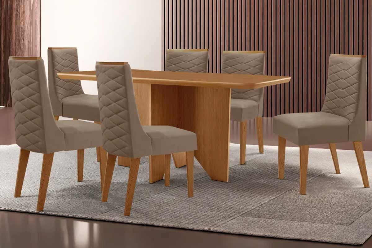 Sala Jantar Mesa Nevada c/ Tampo Madeirado Canto Curvo 180x90cm e 6 Cadeiras Dafne - Rufato