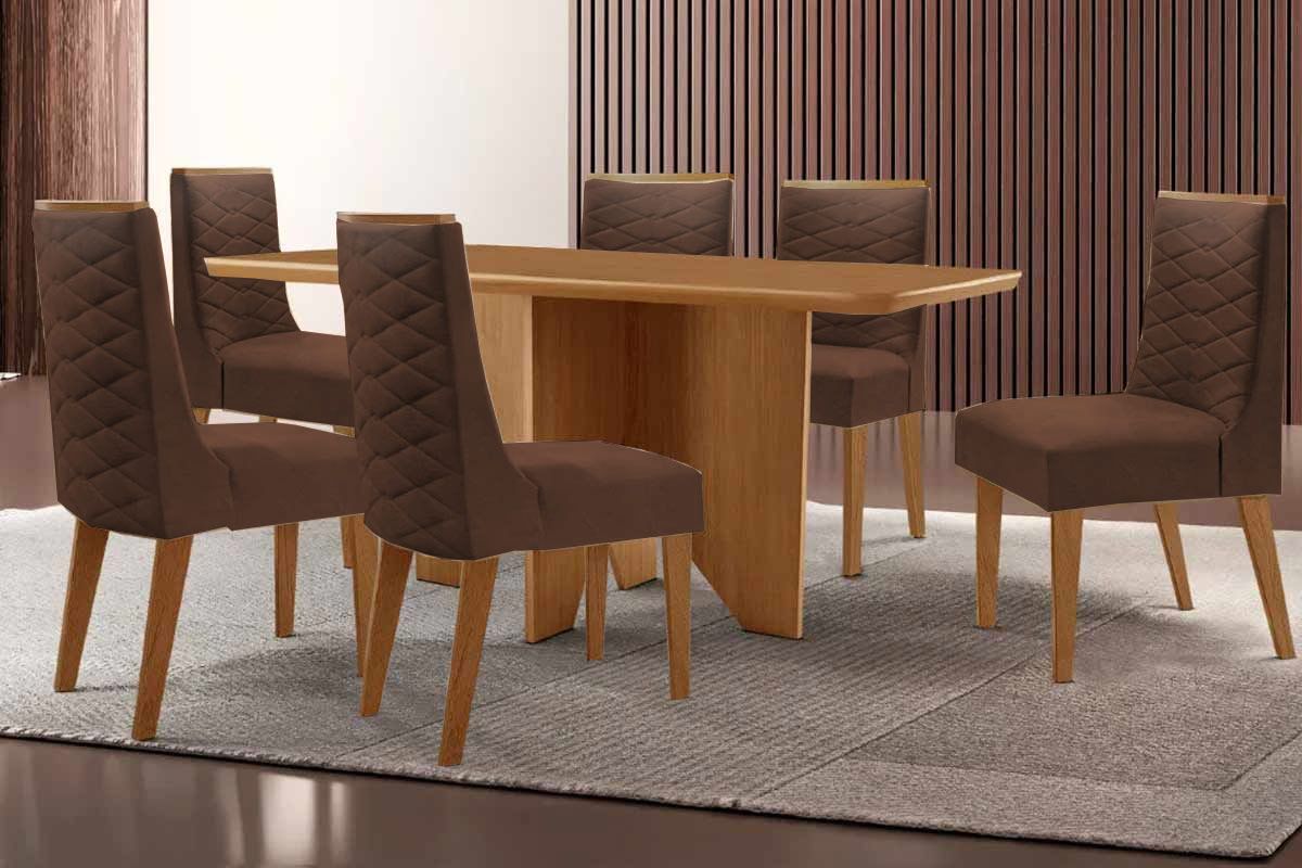 Sala Jantar Mesa Nevada c/ Tampo Madeirado Canto Curvo 180x90cm e 6 Cadeiras Dafne - Rufato