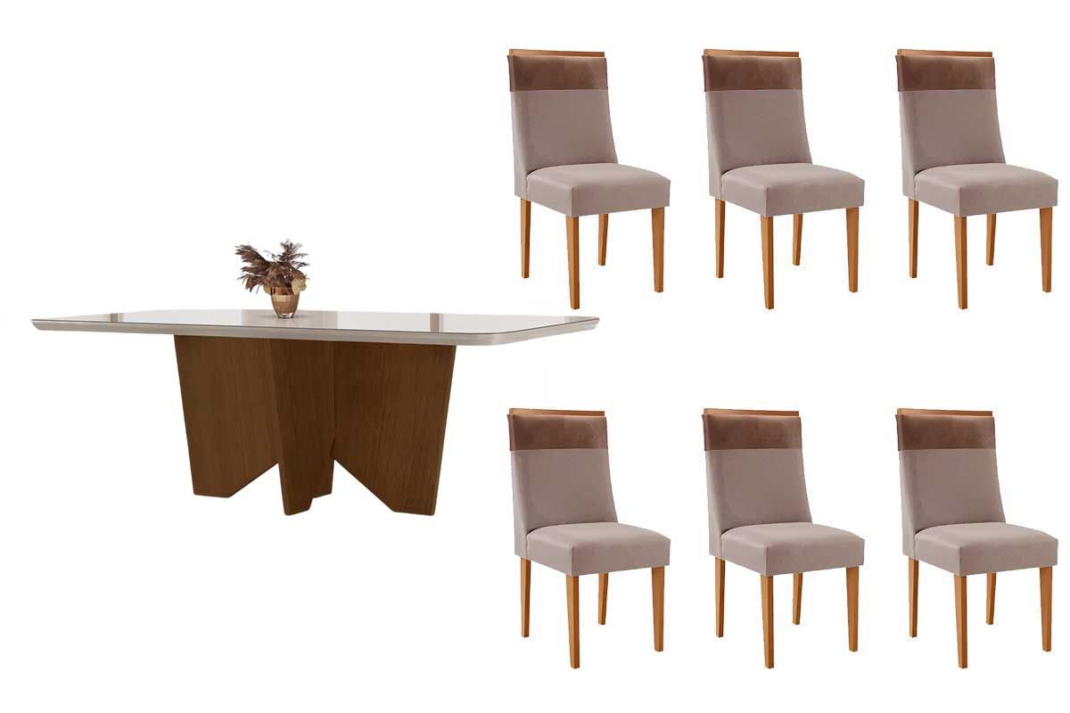 Sala Jantar Mesa Nevada c/ Tampo Madeirado c/ Vidro Canto Curvo 180x90cm e 6 Cadeiras Jaspe - Rufato