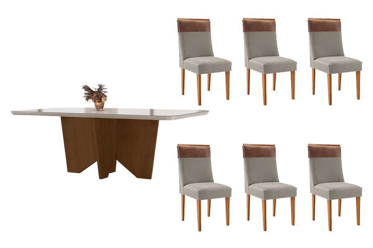 Sala Jantar Mesa Nevada c/ Tampo Madeirado c/ Vidro Canto Curvo 180x90cm e 6 Cadeiras Jaspe - Rufato