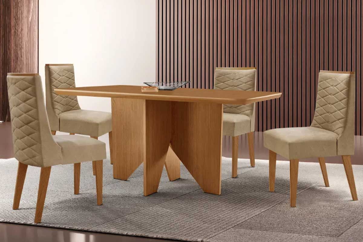 Sala Jantar Mesa Nevada c/ Tampo Madeirado Canto Curvo 120x80cm e 4 Cadeiras Dafne - Rufato