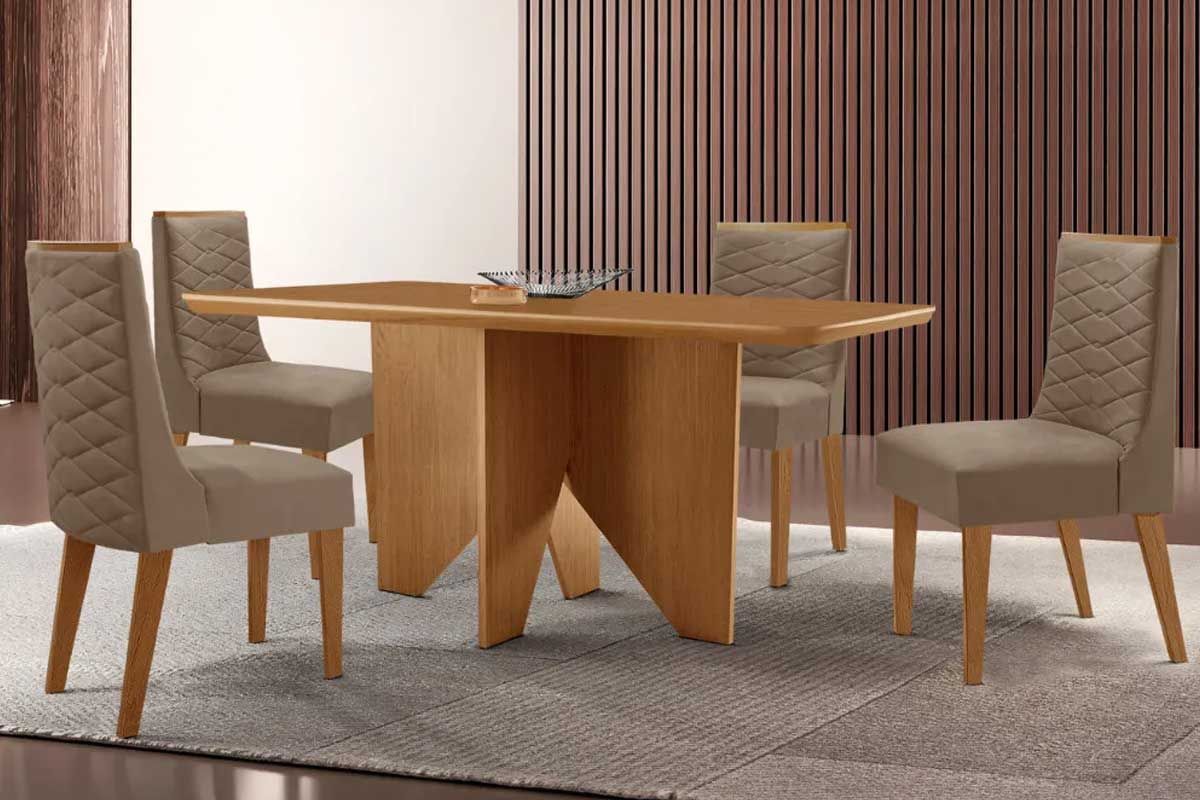 Sala Jantar Mesa Nevada c/ Tampo Madeirado Canto Curvo 120x80cm e 4 Cadeiras Dafne - Rufato