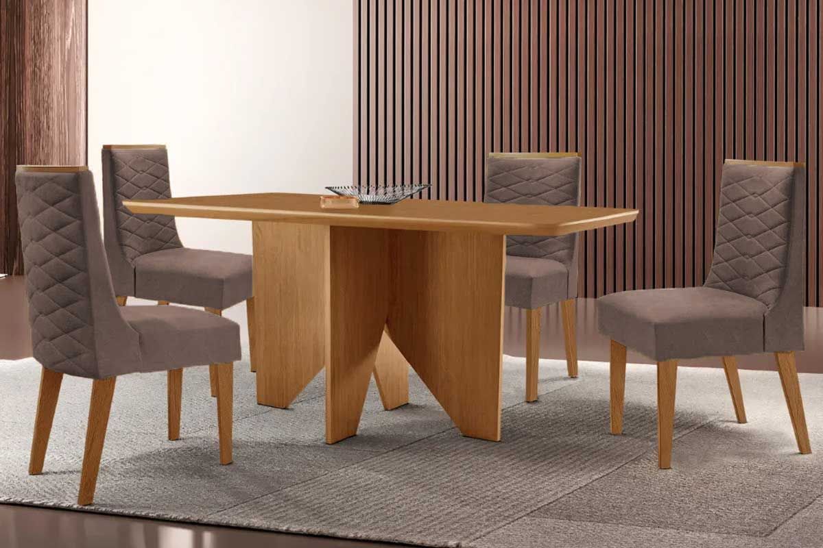 Sala Jantar Mesa Nevada c/ Tampo Madeirado Canto Curvo 120x80cm e 4 Cadeiras Dafne - Rufato