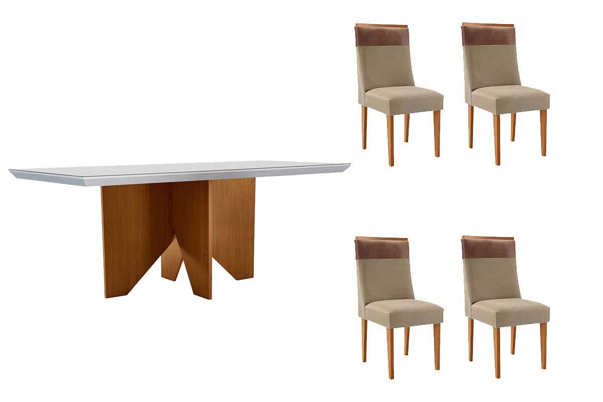Sala Jantar Mesa Nevada c/ Tampo Madeirado c/ Vidro Canto Curvo 120x80cm e 4 Cadeiras Jaspe - Rufato